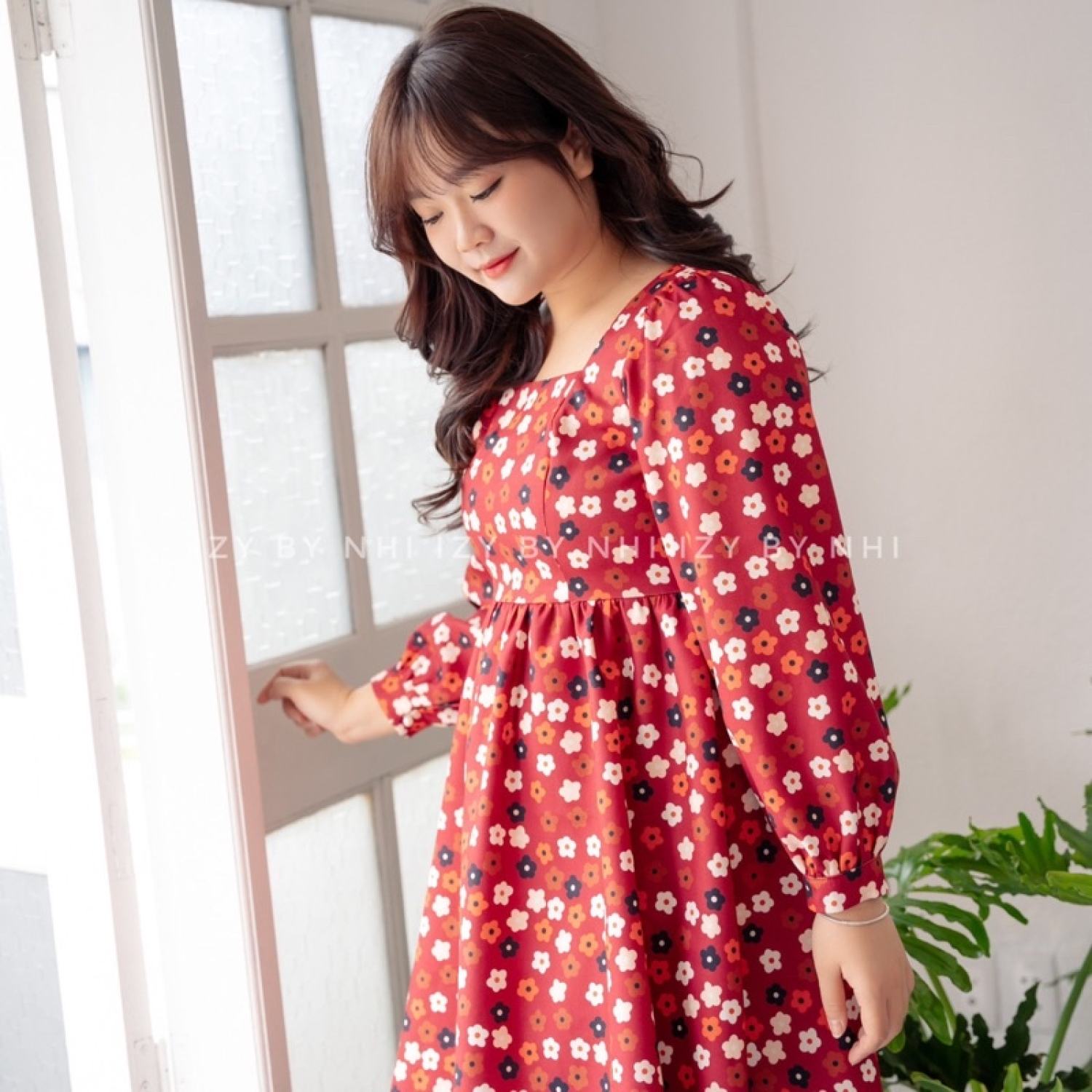 Váy đầm bigsize hoa nhí dài tay đỏ đen cute - unin dress