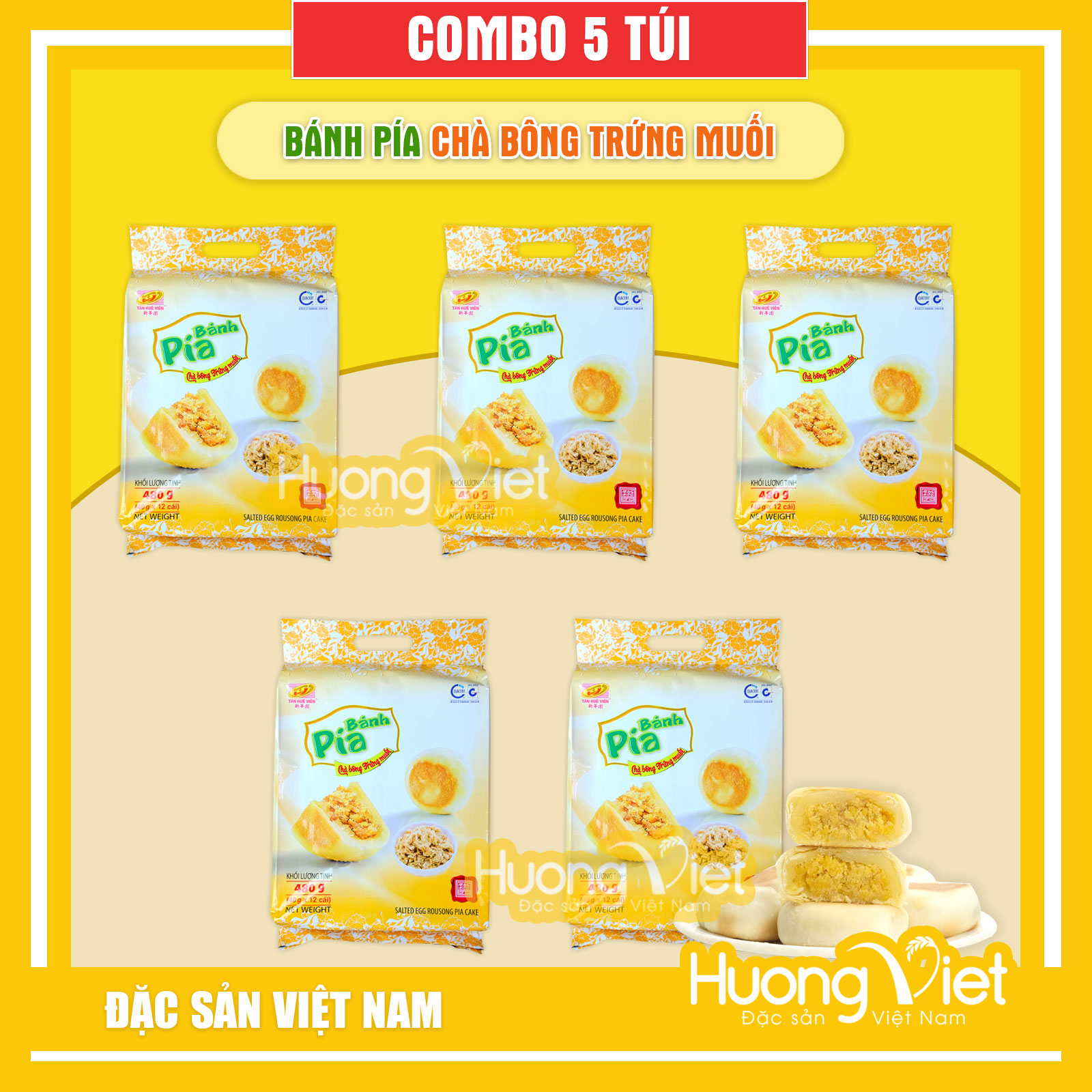 Combo 5 gói bánh pía chà bông trứng muối 480gr, bánh pía Tân Huê Viên, đặc sản Sóc Trăng