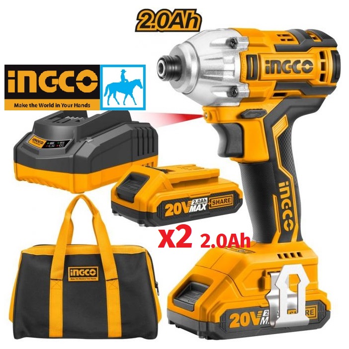 Máy siết vít bắt vít motor không chổi than trục 1/4inch dùng pin 20v ingco cirli2002 kèm 2 pin 1 bộ sạc 1 túi đựng