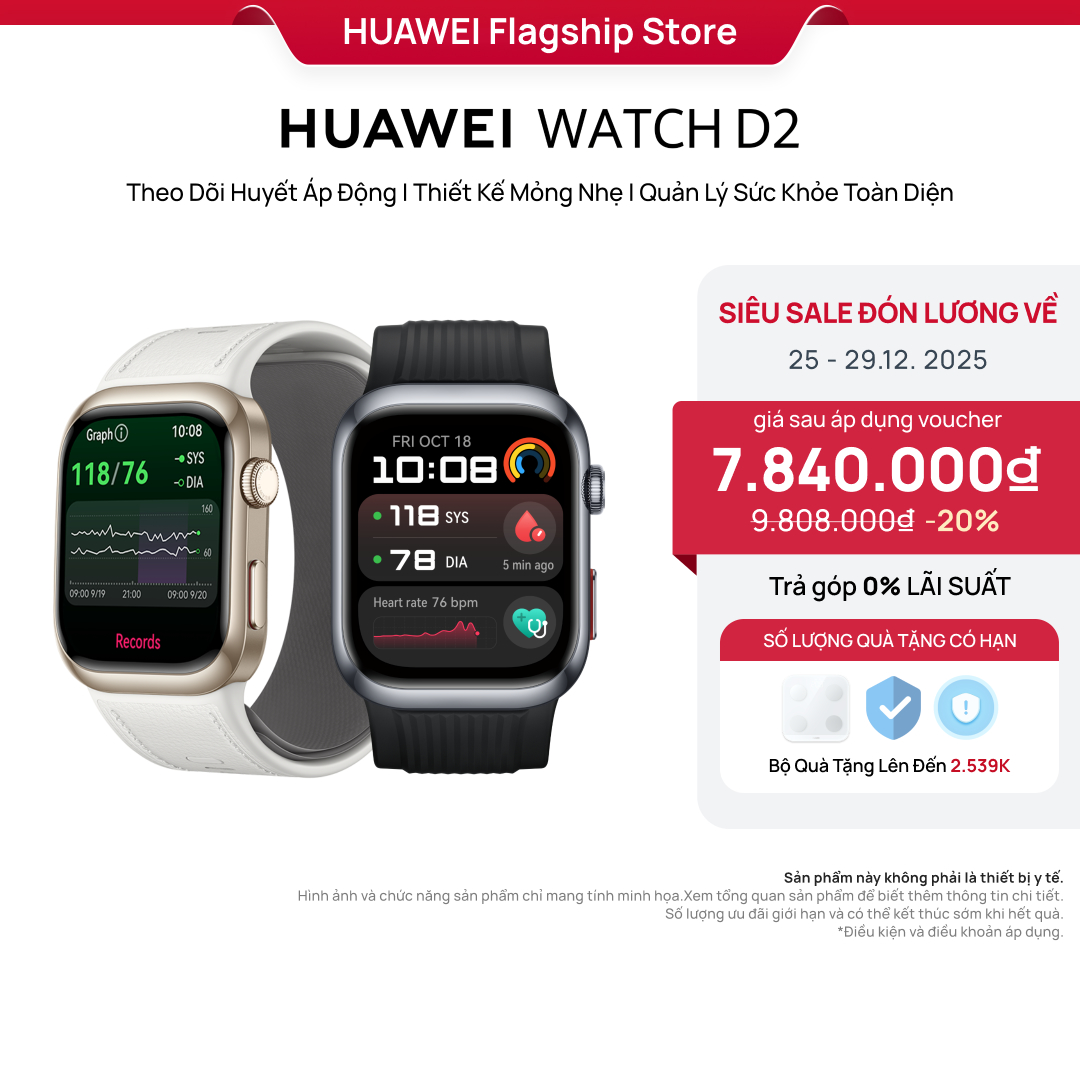 Đồng Hồ Thông Minh HUAWEI WATCH D2 Theo Dõi Huyết Áp Động | Thiết Kế Mỏng Nhẹ | Quản Lý Sức Khỏe Toàn Diện