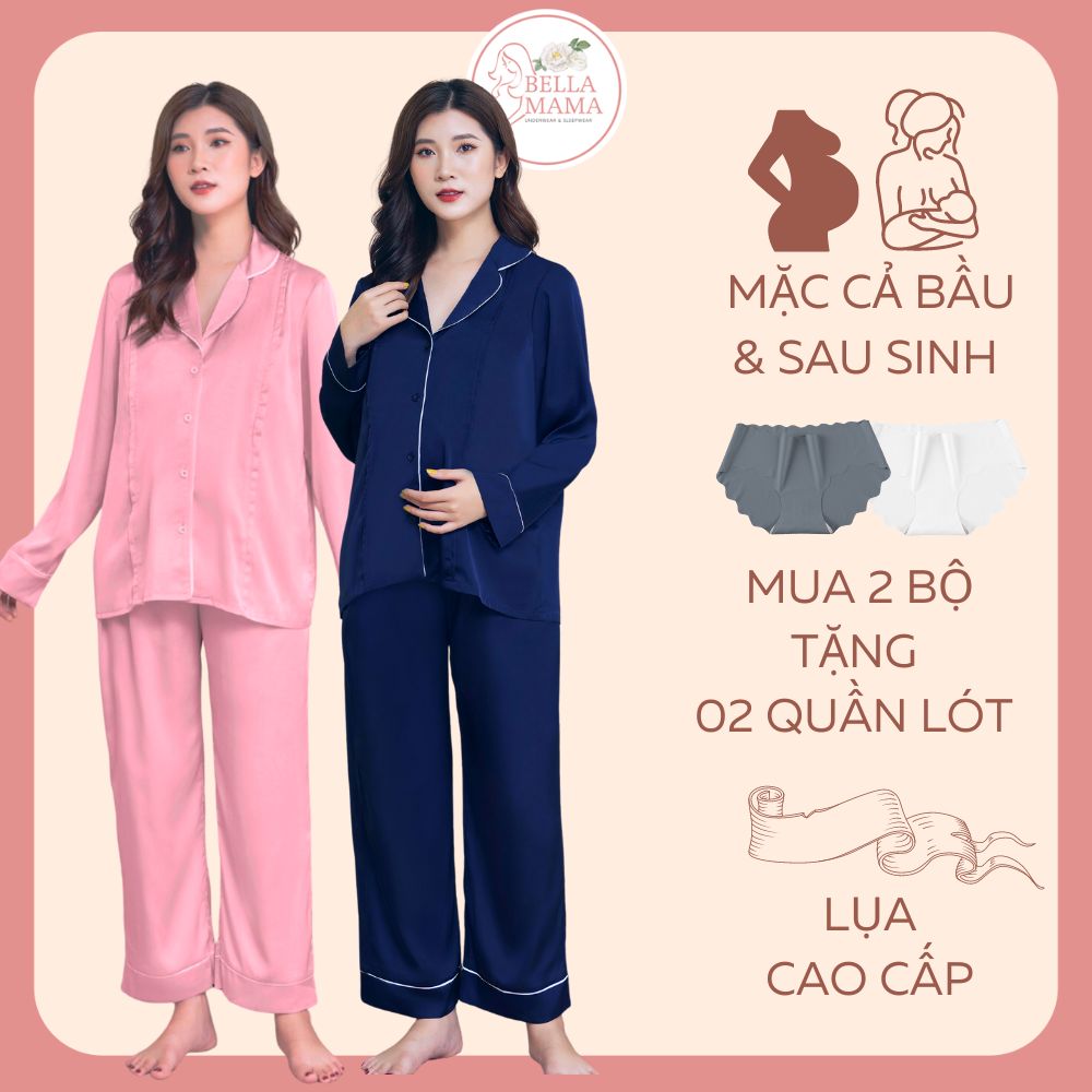 Bộ Bầu Mặc Nhà Pỵjamas Lụa Cao Cấp, Đồ Bầu Sau Sinh Mở Khoá Cho Con Bú và Quần Chun Chỉnh Bụng, Dài Tay Bella Mama