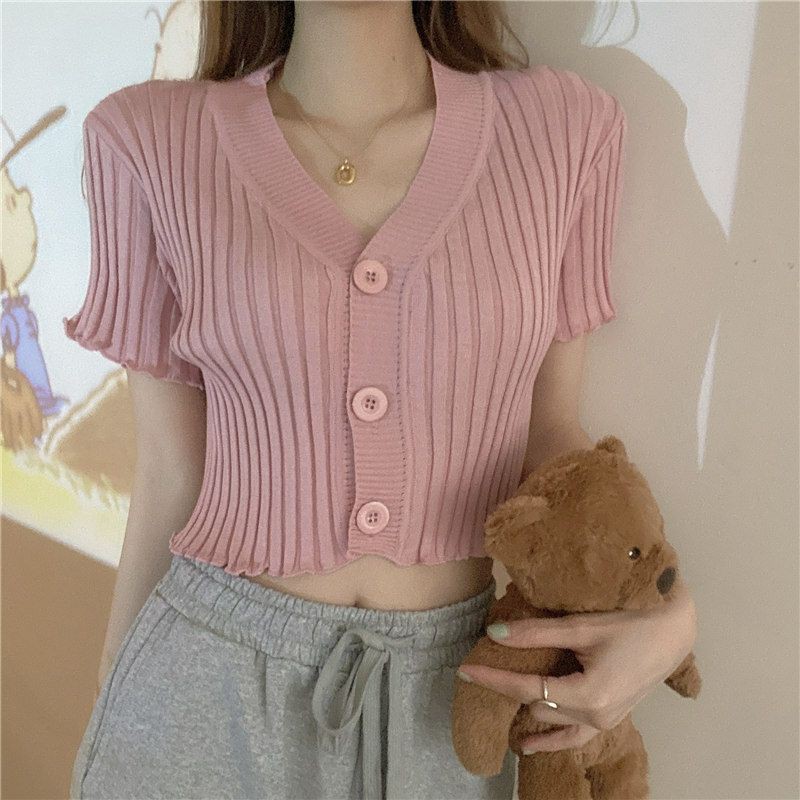 Áo thun nữ croptop tay ngắn cỗ chữ V siêu xinh dễ thương