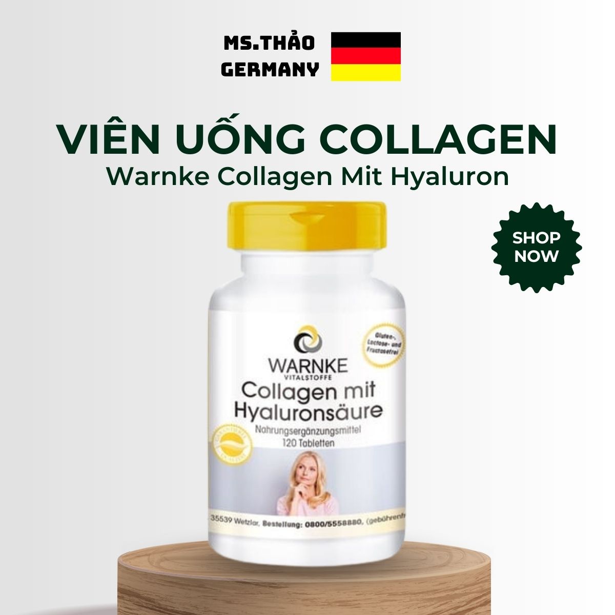 Viên uống Collagen Đức Warnke Collagen Mit Hyaluron, Lọ 120 Viên, Đẹp Da
