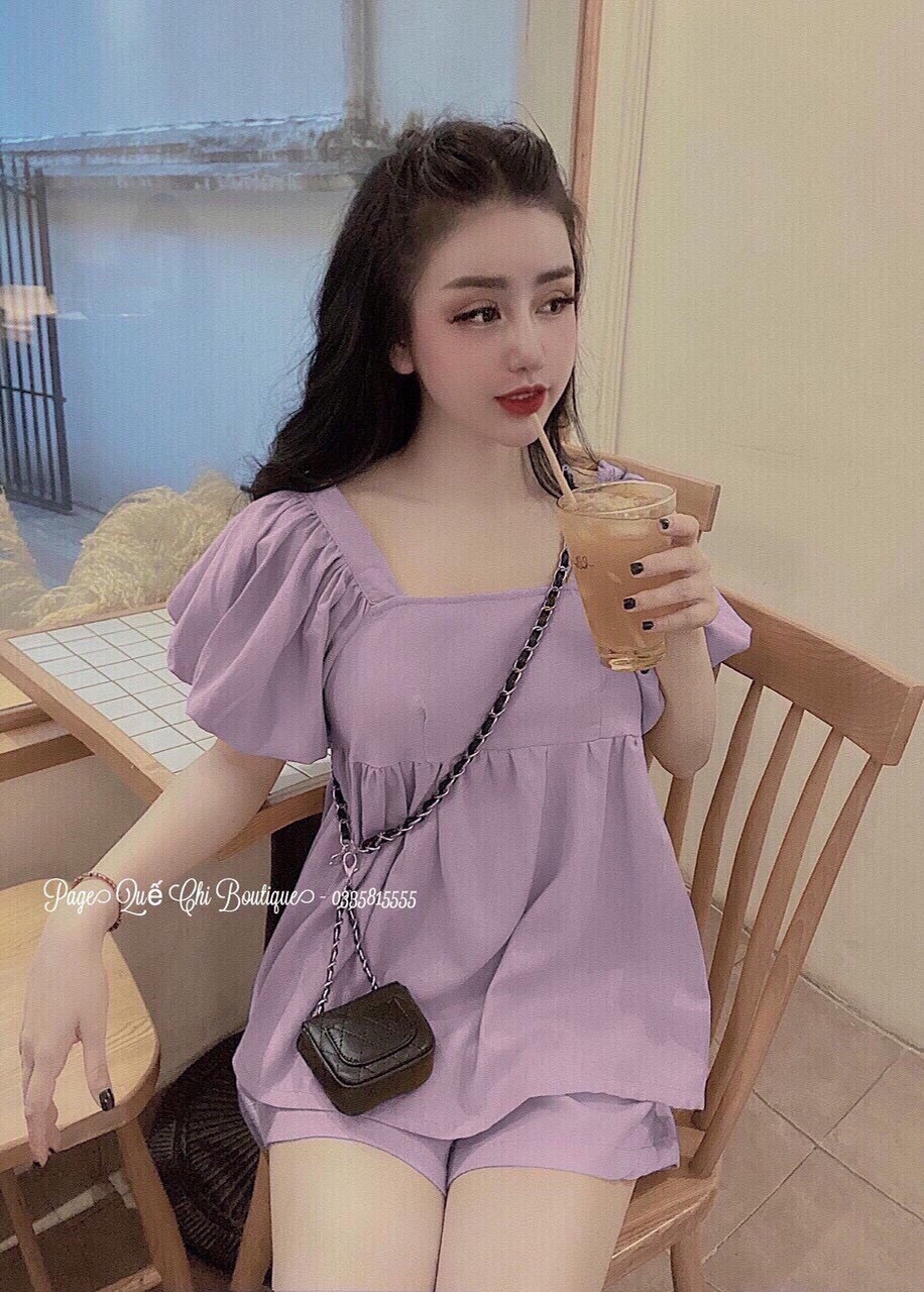 [HCM]Set bộ nữ áo tay phồng cổ vuông babydoll +quần đùi #setbonuaotayphong