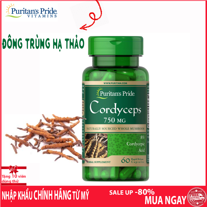Viên uống đông trùng hạ thảo cordyceps cao cấp của mỹ  giúp  phục hồi sức khỏe tăng cường sinh lý tốt hơn loại nguyên con khô ngâm rượu Puritan's Pride 60 viên