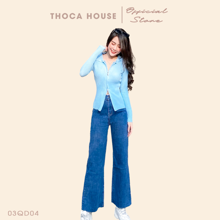 Quần ống loe jeans nữ cắt lai kiểu túi mổ xanh đậm THOCA HOUSE cách điệu, thời thượng khoe eo thon và vòng 3