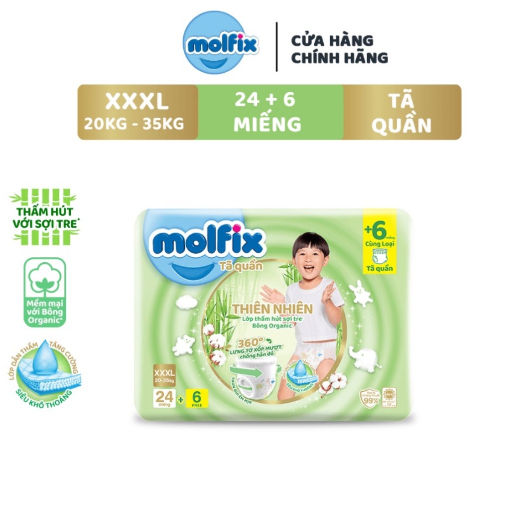 Tã/ Bỉm quần Mofix Thiên nhiên Jumbo XXXL24, Xxl28, xl32, L36+ 6 miếng (20-35kg)