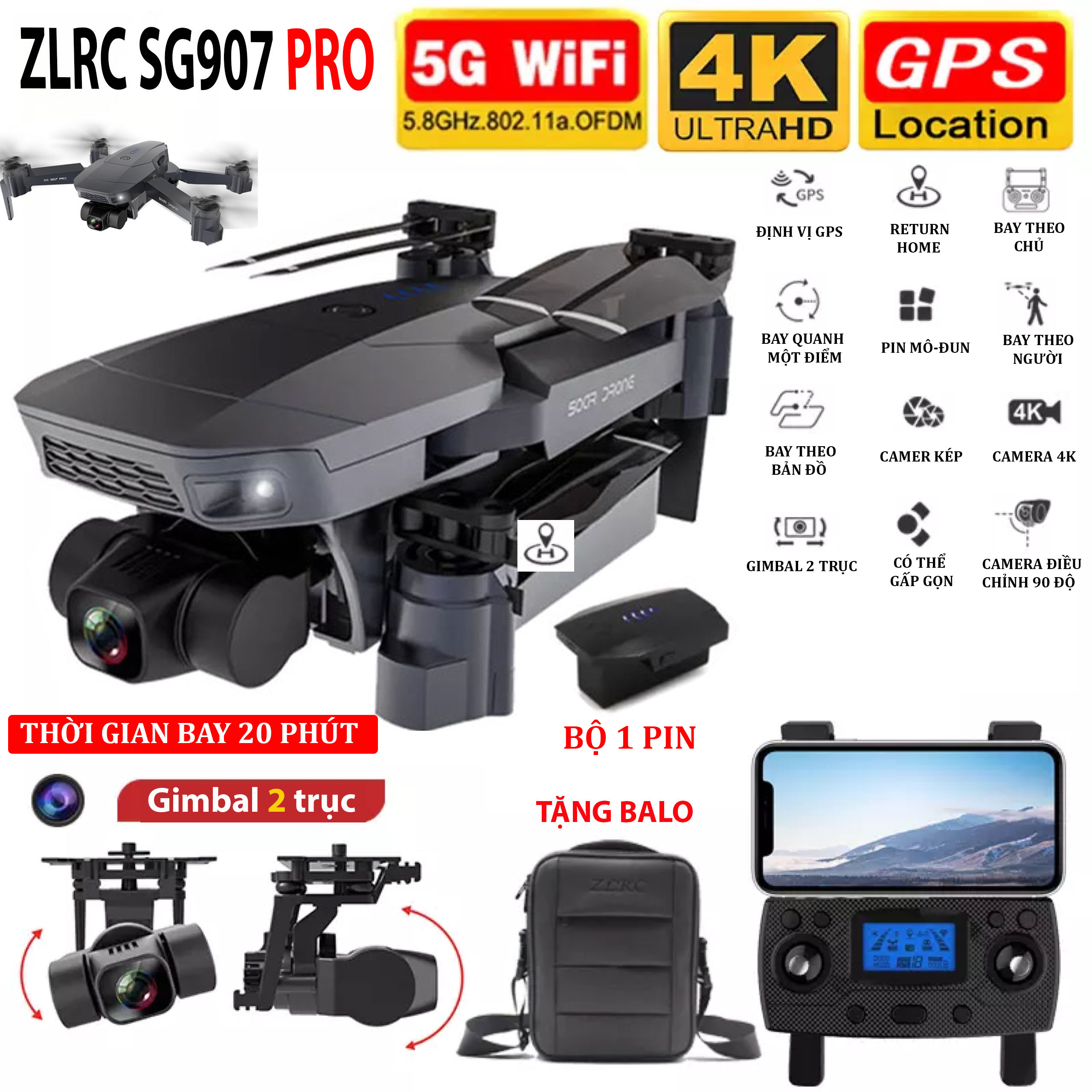 [Trả góp 0%](NEW 2020-TẶNG BALO)Máy bay Flycam SG907 PRO động cơ KHÔNG CHỔI THAN - Camera 4K HD - Gimbal 2 TRỤC - ZOOM 50X thời gian bay 20 phút  - BẢO HÀNH 6 THẮNG