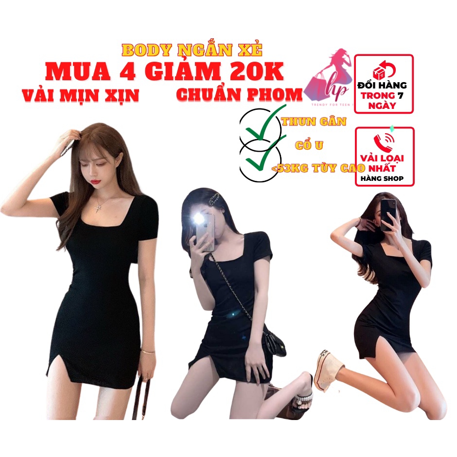 Váy đầm nữ body dự tiệc cổ U tay ngắn xẻ tà màu đen thun gân sang chảnh phong cách hàn 2022 hot