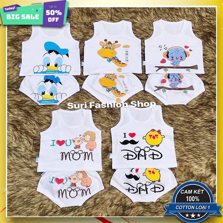 Sét 5 bộ cotton bộ chíp hình thú cho bé trai, bé gái từ 5-15kg, quần áo cho bé, quần áo trẻ em