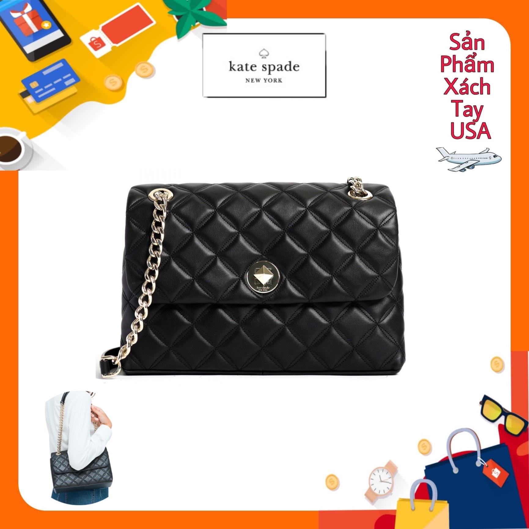 Túi xách cao cấp Kate Spade Natalia Medium Flap Shoulder Bag Black