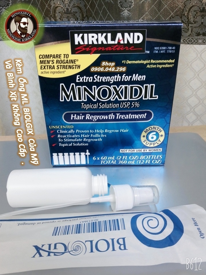 Kèm Ống Bơm ML BiOLGIX  của Mỹ , Bình Xịt  Không Cao Cấp , cùng với 1 Hộp ( gồm 6 Lọ Minoxidil ) Thuoc mọc tóc , mọc râu  Minoxidil 5%  Kirkland USA  từ Hoa Kỳ với [  Date ( Hạn sử dụng ) : 02 / 2026 ] .