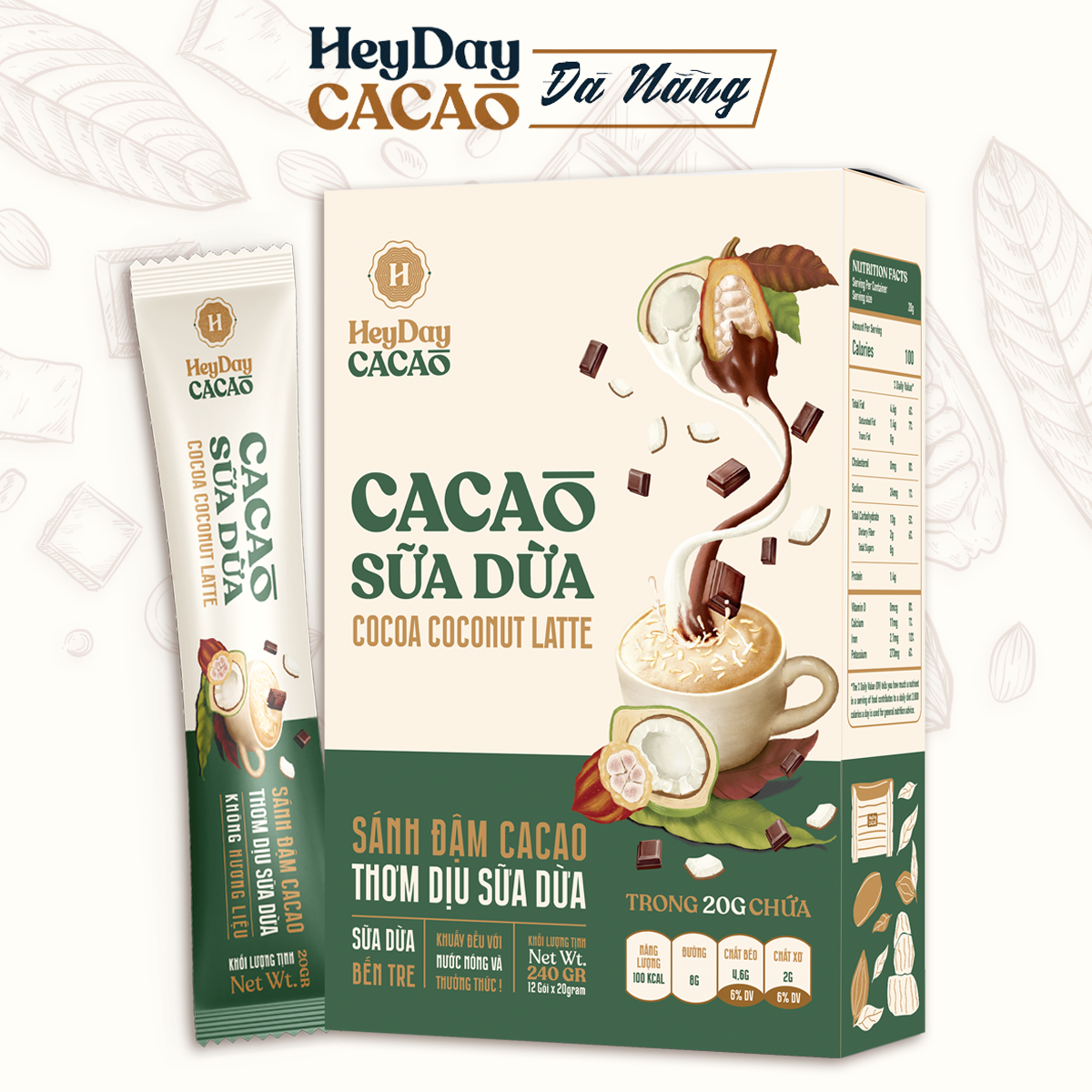Bột cacao sữa dừa heyday - hộp giấy 12 gói x 20g - bột sữa dừa tự nhiên, thuần chay - đậm vị cacao, thơm béo sữa dừa