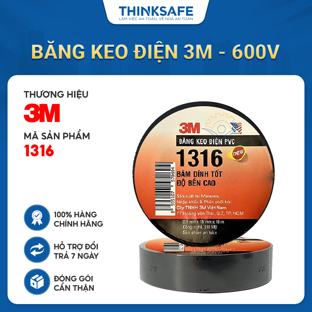 Băng keo điện 3M 1316 cực bền siêu dính chống hở mép cách điện lên đến 600V (khổ 18mm x 16m) - Bảo hộ Thinksafe