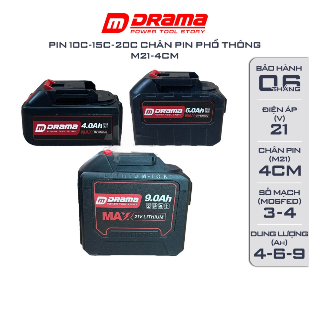 Pin drama 10 cell, 15 cell, mạch 3 mosfed, cell pin 1500mah - 1800mah, có đèn báo pin, chân phổ thông 4cm