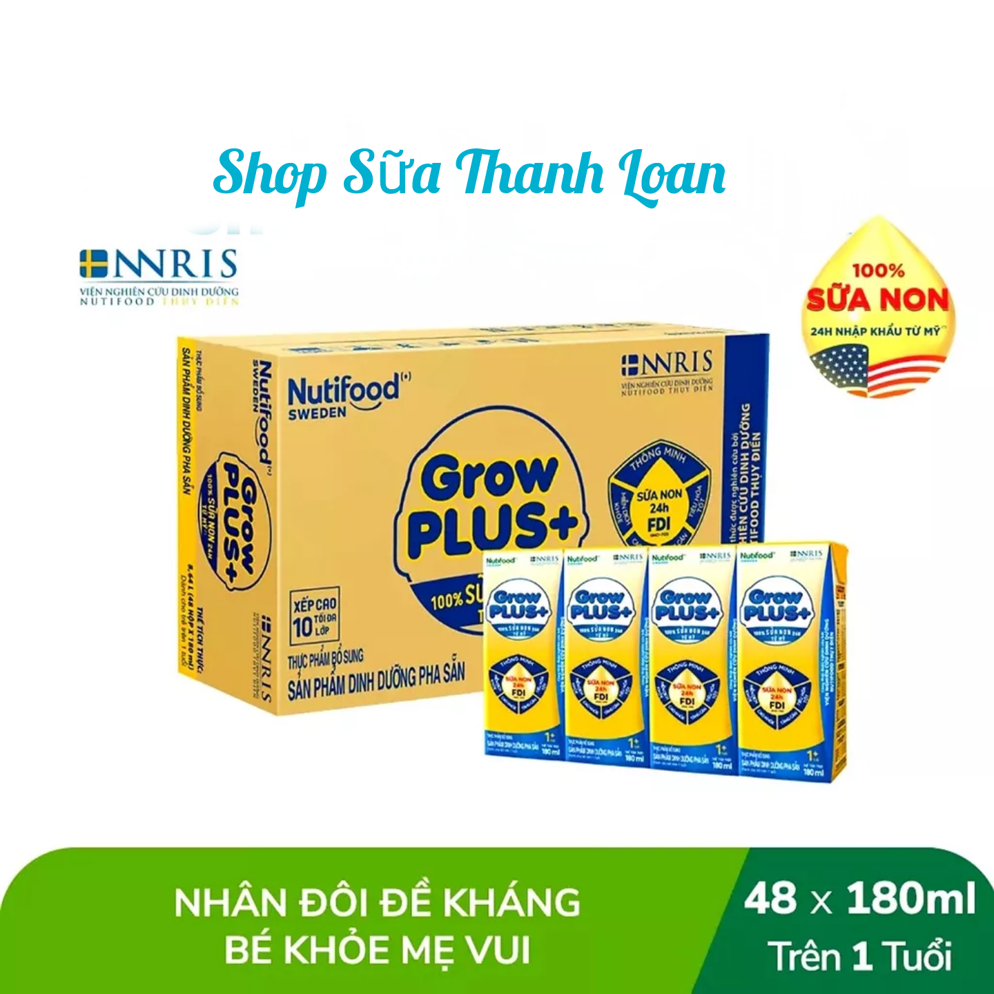 (HSD T3-2025) Thùng 48 Hộp Sữa Bột Pha Sẵn Nutifood GrowPLUS+ Sữa Non (Vàng) 180ml.