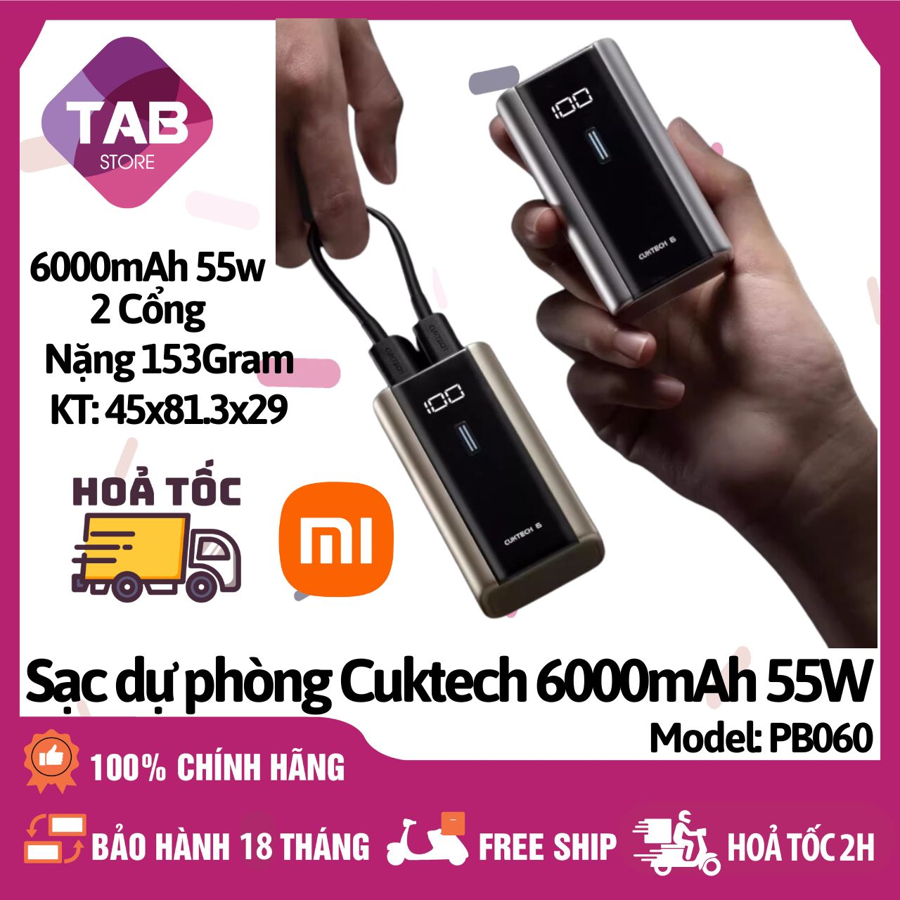 Sạc Dự Phòng Cuktech PB060 6000mAh 2C 55w PD3.0/PPS/QC3.0 QC - Bảo Hành 18 Tháng