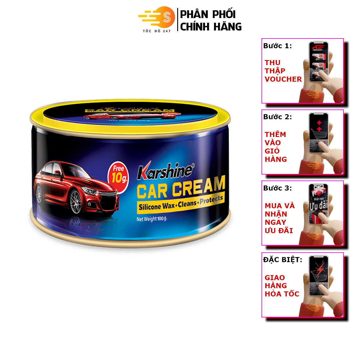 Kem đánh bóng sơn xe ô tô, xe máy (Car Cream) Karshine 110g KA-CC110 - Tốc Độ 247, Phục hồi độ sáng màu sơn xe, xóa vết xước nhỏ, phục hồi màu sơn xe