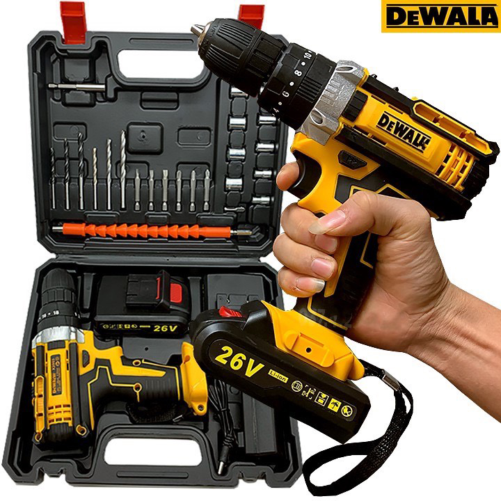 Máy khoan pin 26V De.Walt 3 chức năng có búa - Tặng kèm 24 chi tiết gồm các mũi khoan + Mũi bắt vít