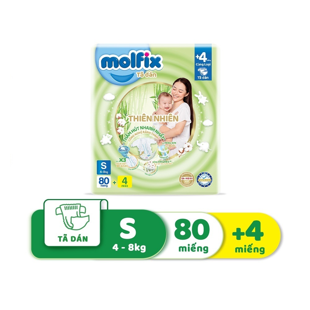 Bỉm Molfix dán thiên nhiên an toàn bông tự nhiên- Super Jumbo S (4kg - 8kg) - Gói 80+4 miếng