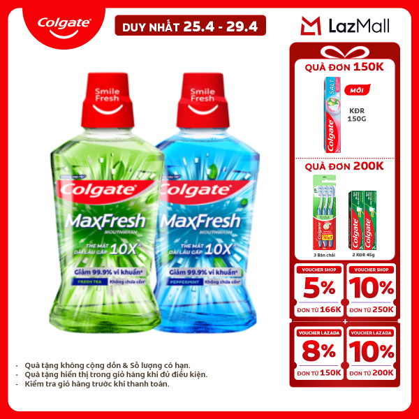 [Chỉ 25-29.4_Voucher đến 15%] [MỚI] Bộ 2 Nước súc miệng Colgate Maxfresh the mát dài lâu gấp 10X - diệt 99,9% vi khuẩn