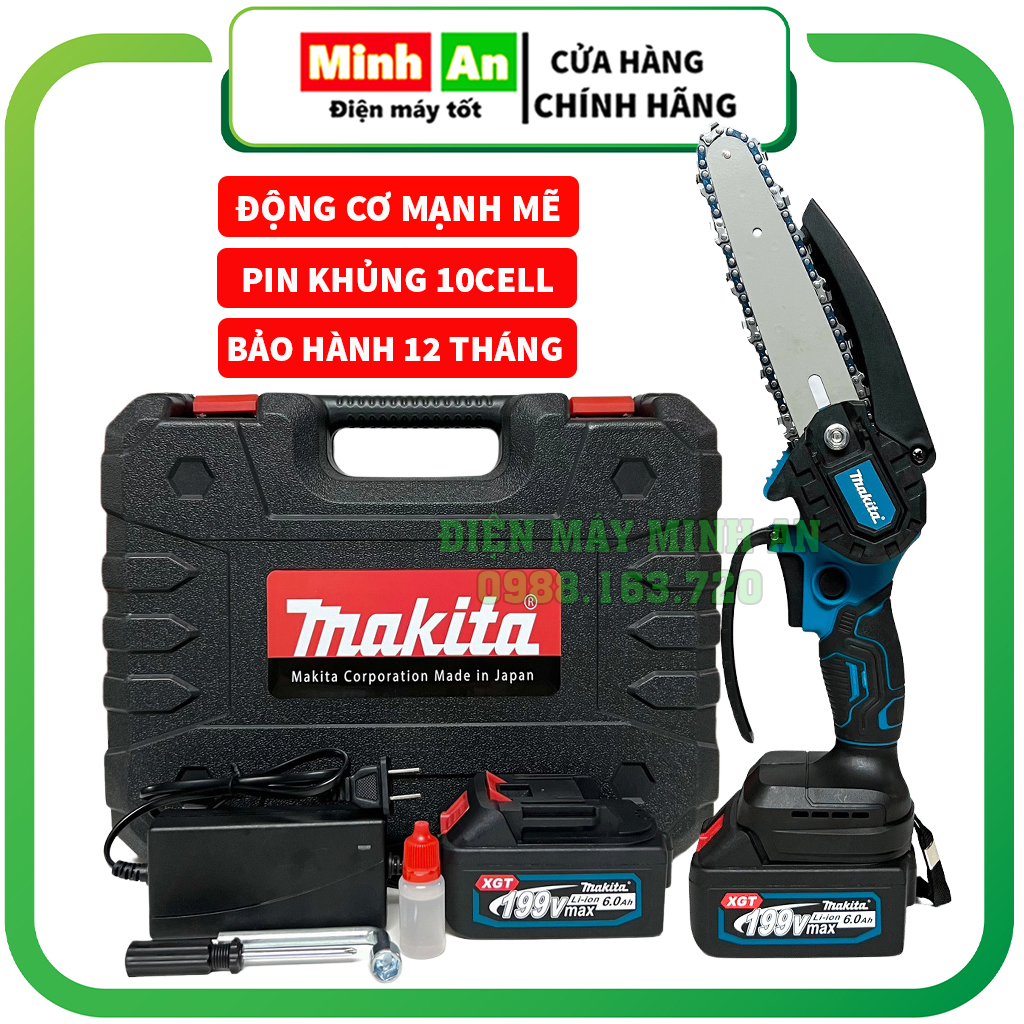 Máy cưa xích pin cầm tay máy cưa gỗ mini dùng pin MAKITA 199V pin 10cell cưa xích siêu mạnh mẽ bền bỉ bảo hành 12 tháng