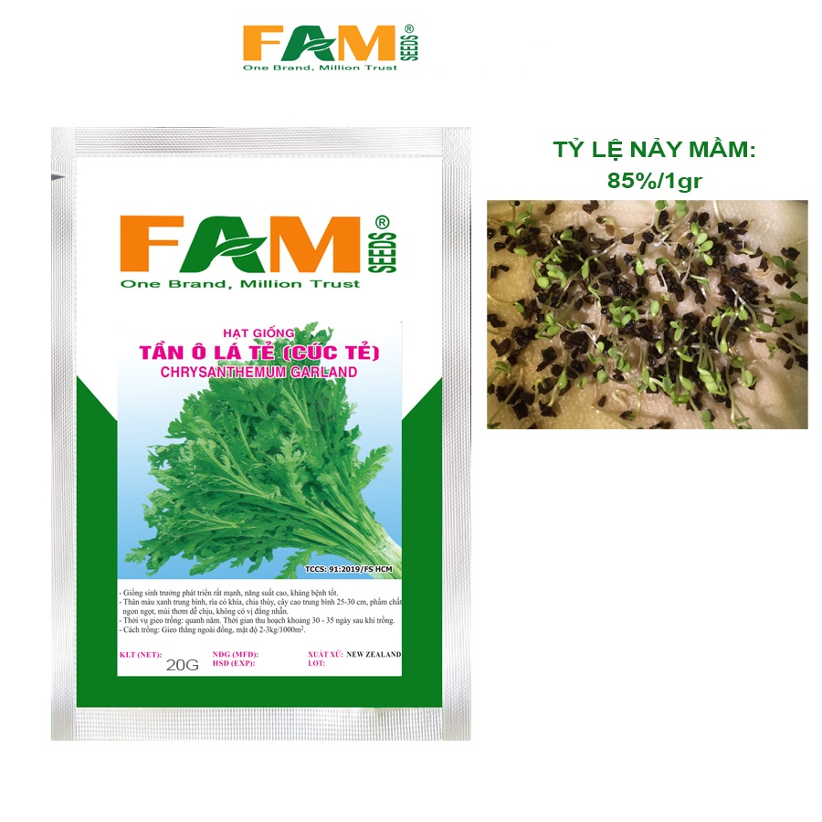 Gói 20gr Hạt Giống Tần Ô Lá Tẻ (Cúc Tẻ) FAM SEEDS - Nhập Khẩu New Zealand, Phát triển nhanh, Kháng sâu bệnh tốt, Không đắng nhẫn, Năng suất cao