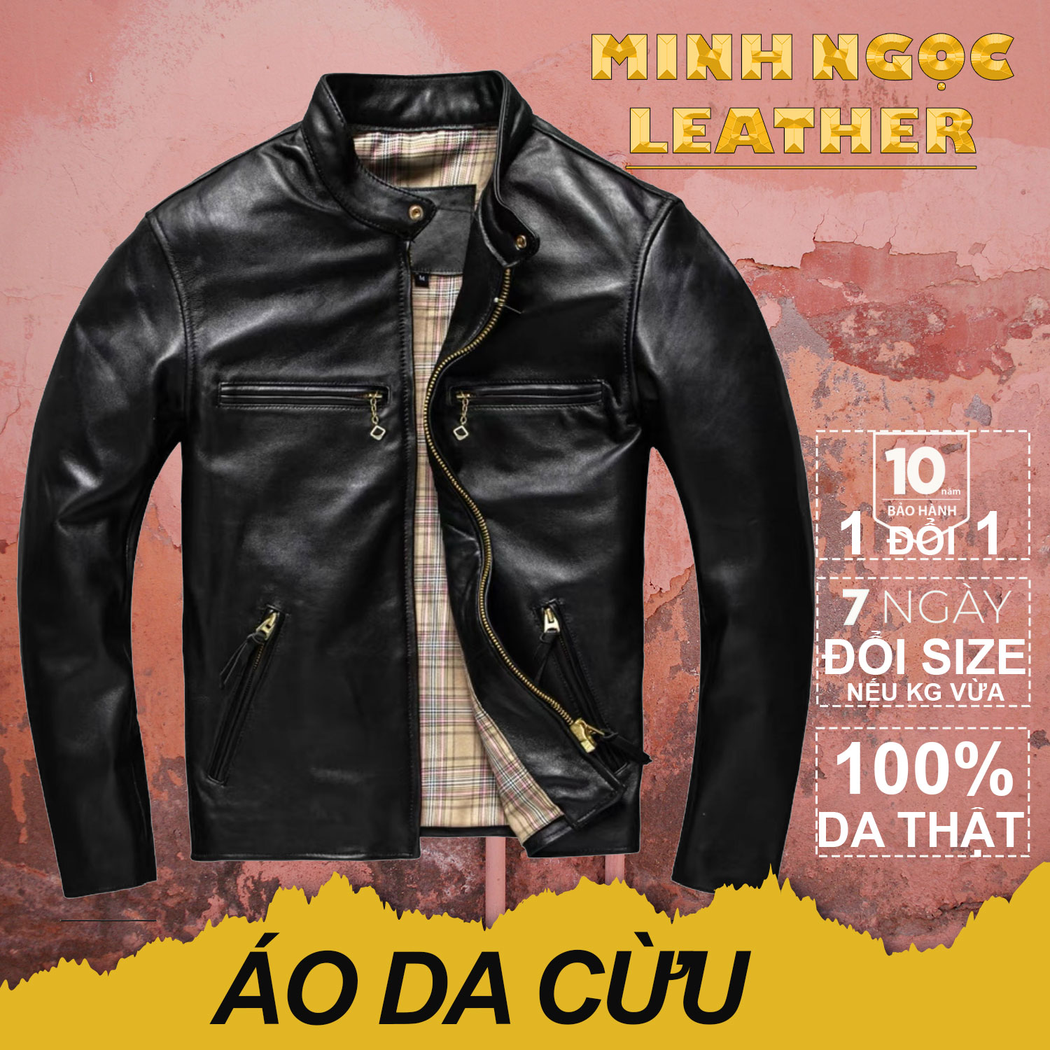 Áo khoác cổ trụ da thật Nam , Áo cổ tàu da cừu màu đen, áo da thật cổ tròn sang trọng phong cách Dài Tay Jacket Leather Menswear