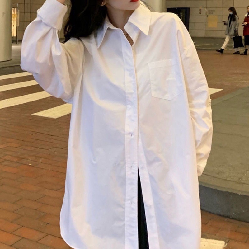 Áo sơ mi trắng dài tay túi ngực- áo sơ mi đi học chất dày đẹp unisex form rộng ulzzang
