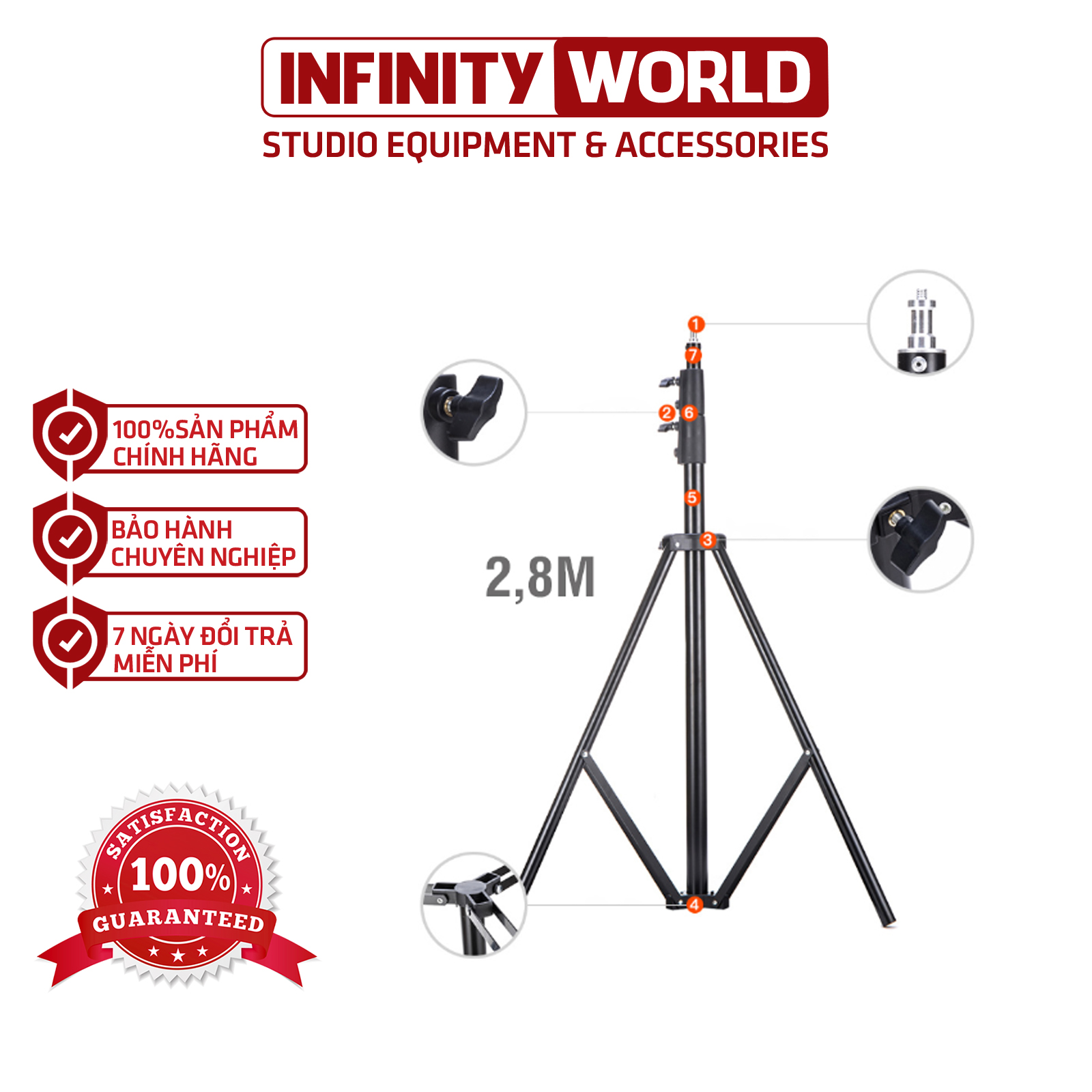 Chân đèn studio 2,8m - Khớp đệm lò xo chắc chắn (Ống phi 32cm - Tải trọng lớn)