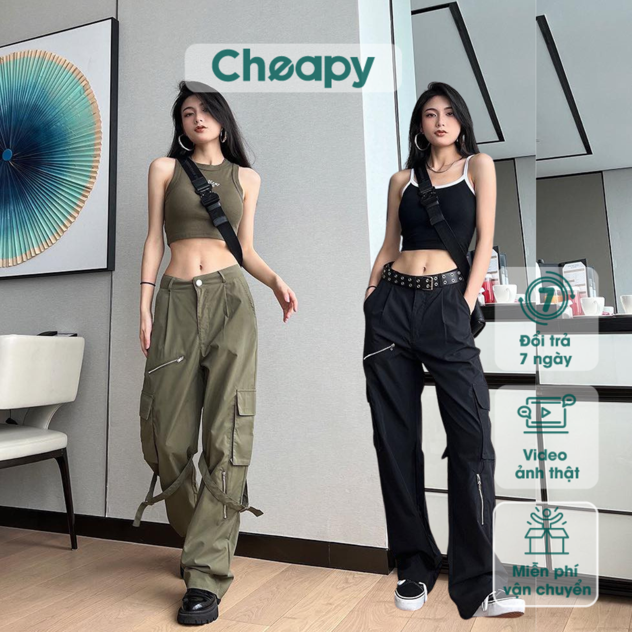 Quần kaki cargo nữ túi hộp ống suông dây kéo Cheapy quần cargo freesize unisex dây đai khóa kéo Hàn Quốc C1409