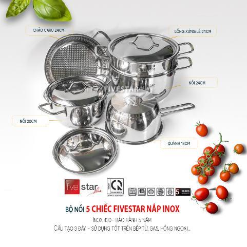 Bộ nồi fivestar 5 cái - 3 đáy nắp inox fs08c