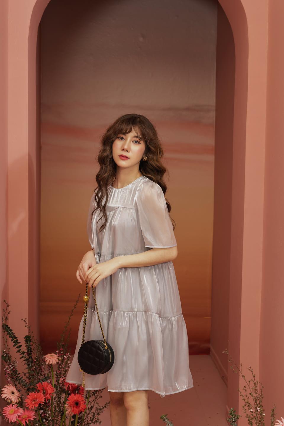 Váy bầu đẹp cao cấp organza V28  FREESHIP  đầm bầu dự tiệc màu ghi hàng thiết kế full size S/M/L cho mẹ bầu