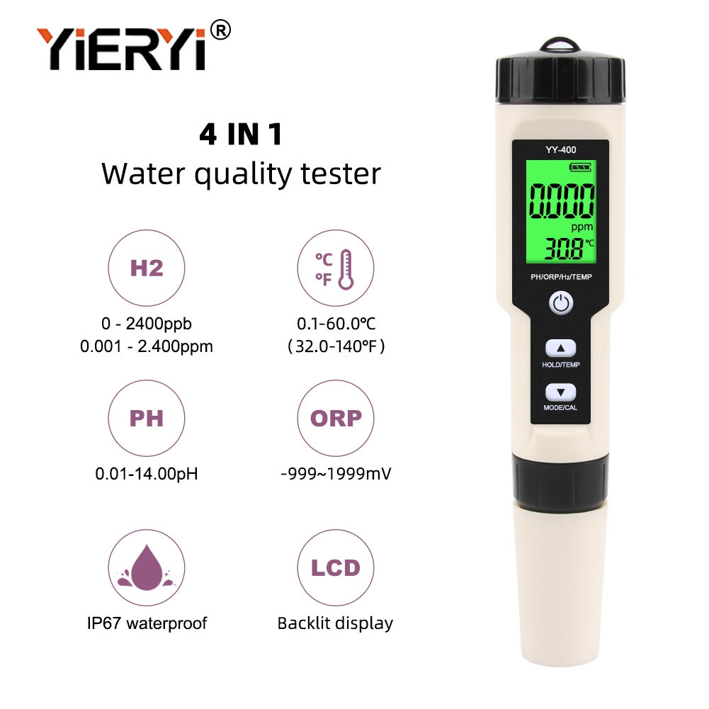 Yieryi Máy Đo PH 4 Trong 1 Mới, Máy Đo Nhiệt Độ PH ORP, Máy Đo Hydro H2 Đồng Hồ Đo Chất Lượng Nước Nhiệt Độ