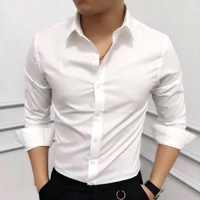 Áo sơ mi nam Vải Lụa Thái Trắng chống nhăn SMT001-Dáng ôm Body Hàn quốc