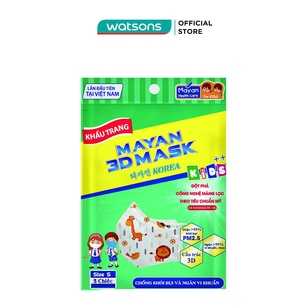 Khẩu Trang Mayan 3DMask Pm2.5 Medi Size S Kids++ Cho Bé 5Chiếc Màu Ngẫu
