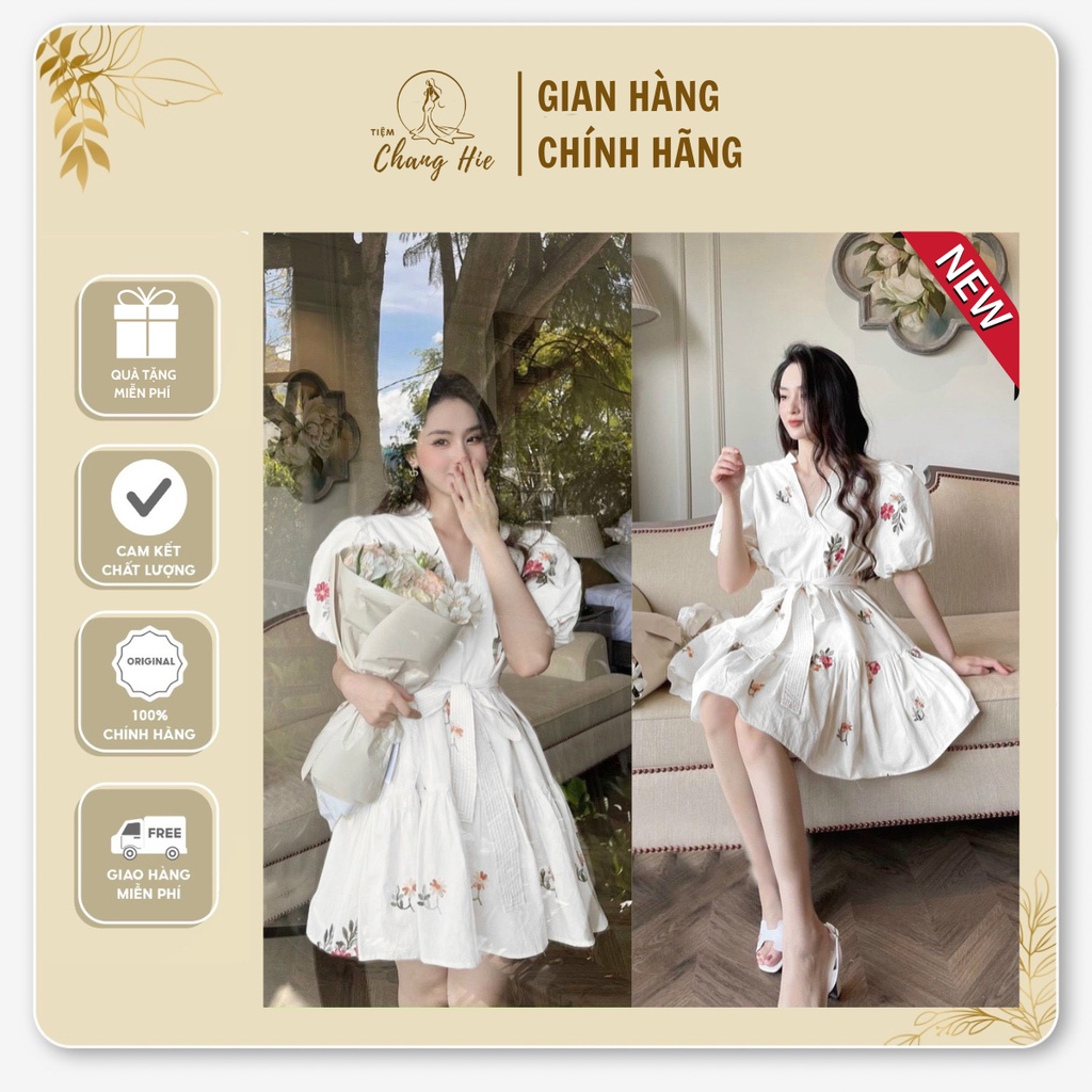 Đầm thiết kế trắng hoa cổ V tay phồng cột eo | Váy đi tiệc đi chơi du lịch sinh nhật kỉ yếu | Tiệm Chang Hie