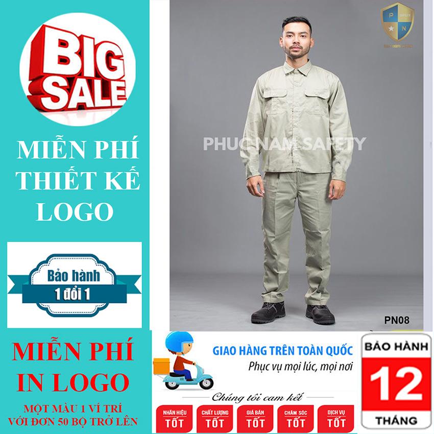 Quần áo bảo hộ lao động PN08 màu ghi sáng, quần áo bảo hộ lao động xịn, quần áo bảo hộ giá rẻ, quần áo bảo hộ chất lượng, quần áo bảo hộ lao động, đồng phục công nhân, đồng phục kỹ sư, đồng phục công ty, bảo hộ lao động Phúc Nam