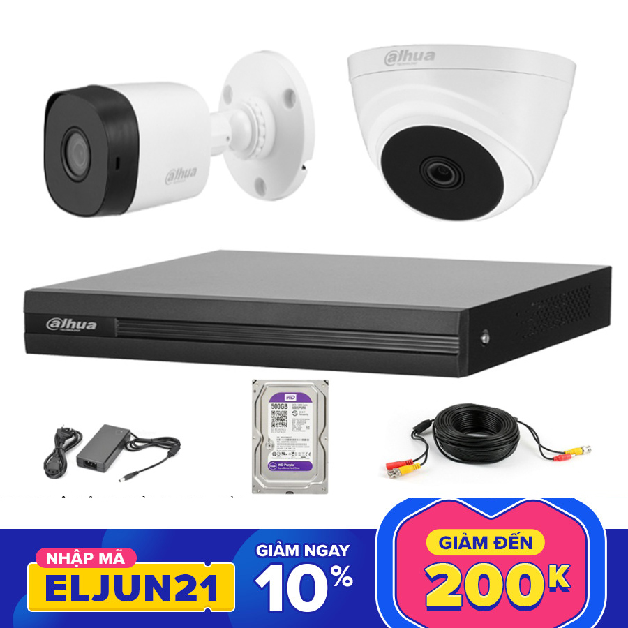 TRỌN BỘ 2 CAMERA DAHUA FULL HD 1080P + TẶNG KÈM Ổ CỨNG 500G VÀ 30M DÂY ĐÚC SẴN 2 ĐẦU - ĐẦY ĐỦ PHỤ KIỆN ĐI KÈM