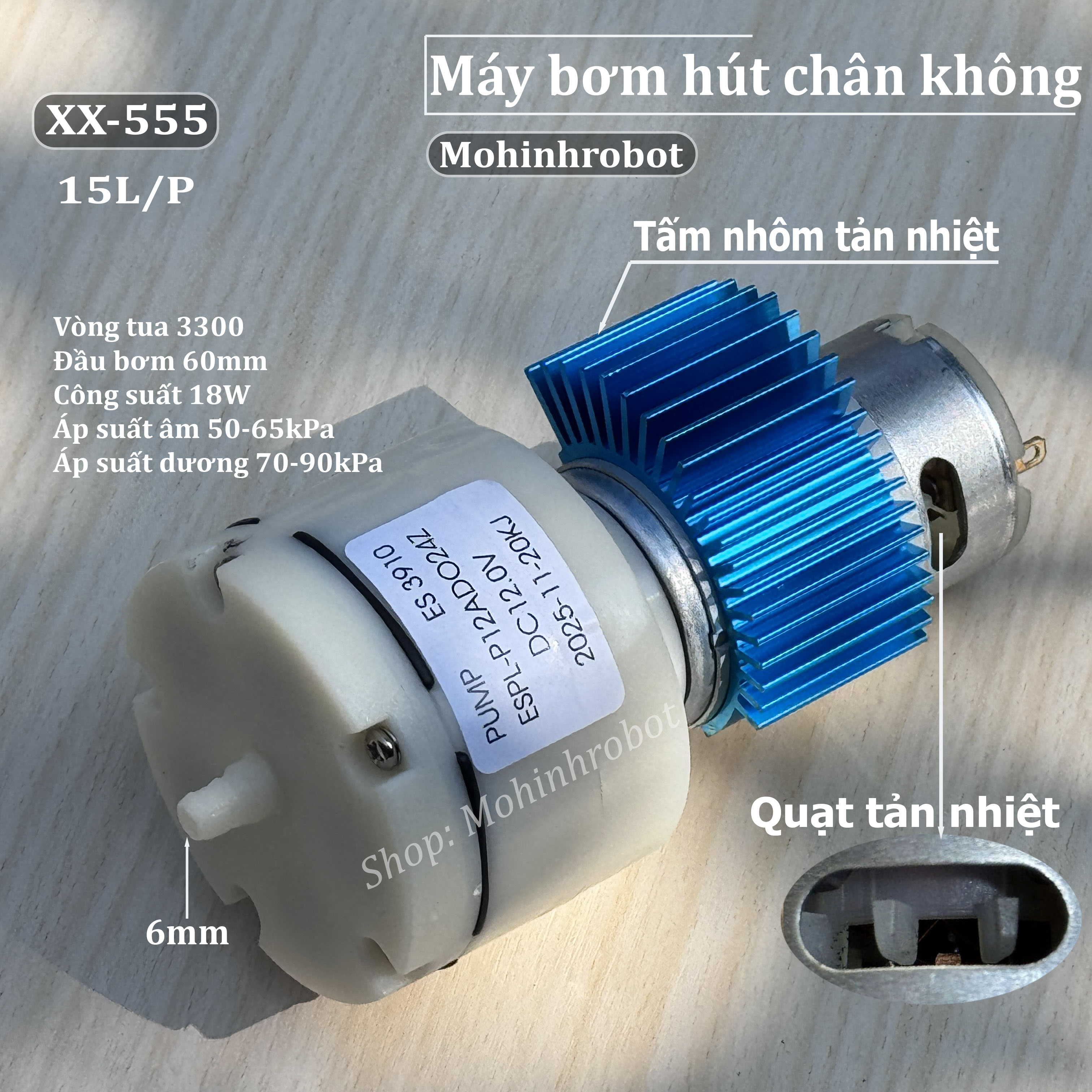 Máy bơm hút chân không,massage, sục bể cá, hút máy cắt kính 12V-24V có lắp 2 lớp tản nhiệt