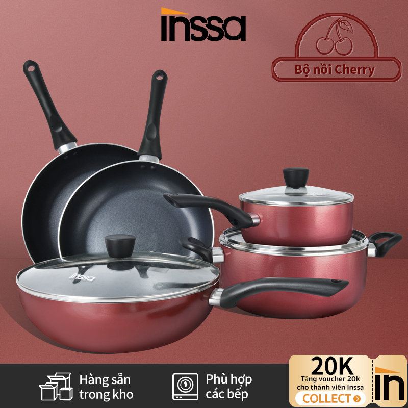 Bộ nồi chảo chống dính đỏ cherry INSSA bộ nồi dùng cho bếp từ, ga nồi ăn dặm, nồi hầm, chảo bếp t