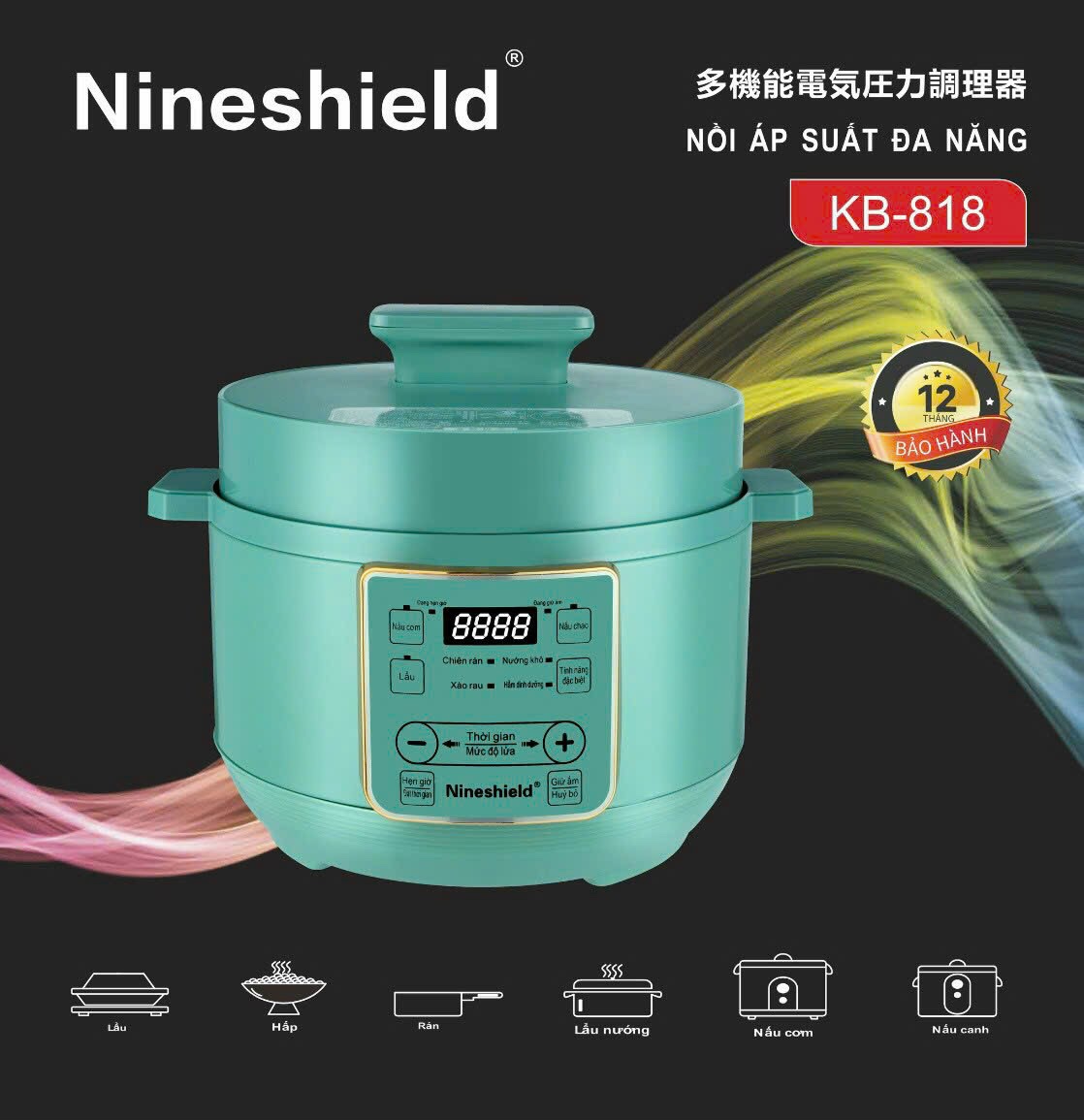 Nồi áp suất điện nineshield kb818, nồi hầm áp suất điện tử 6l cao cấp nấu cơm, hầm xương siêu tiện lợi