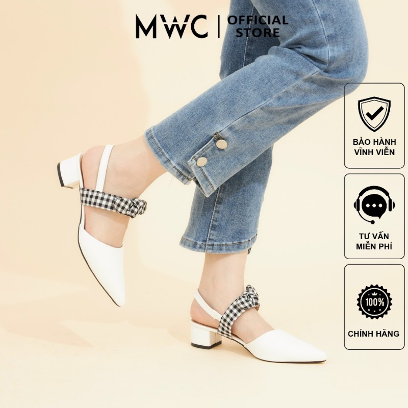 Giày mwc 3693 - giày cao gót 3cm mũi nhọn da trơn, giày bít mũi quai đính nơ