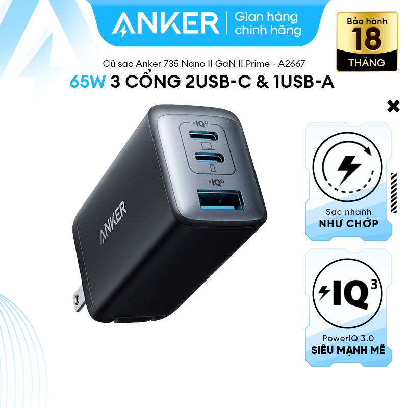 Củ Sạc ANKER 735 Nano II GaN Prime 65W - 3 cổng 2USB-C & 1USB-A - A2667