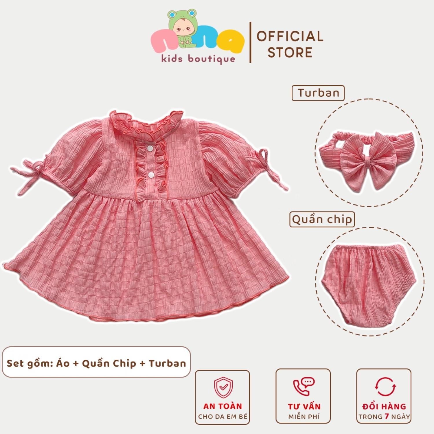 Bộ quần áo trẻ sơ sinh Nina Kids Set 3 món Áo baby doll Quần chip và Turban cho bé gái Size 0m 24m