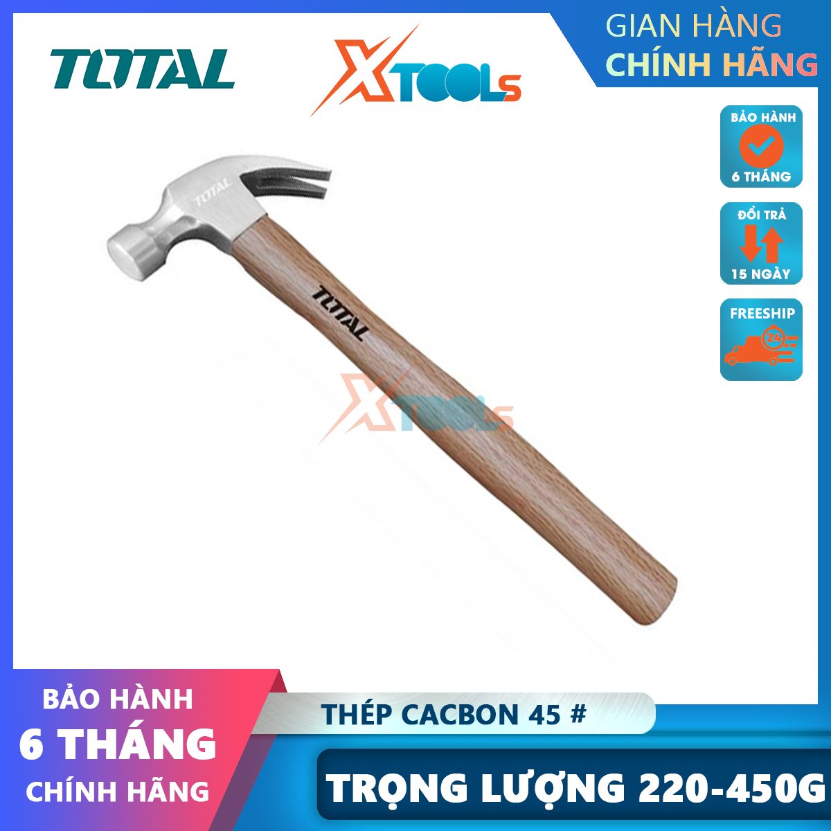 Búa đóng nhổ đinh cán gỗ total 220g/450g thép cacbon 45 tôi luyện, búa nhổ đinh trợ lực thtw7308 thtw7316 xtools
