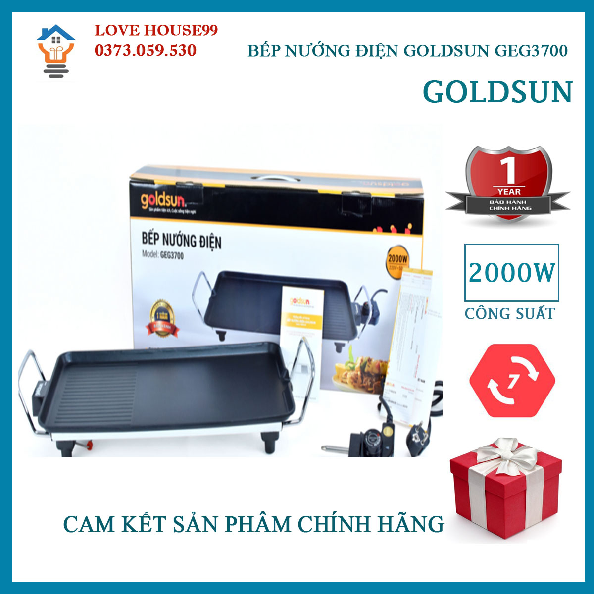 Bếp nướng điện không khói Goldsun GEG3700 công suất 2000w bảo hành chính hãng 12 tháng