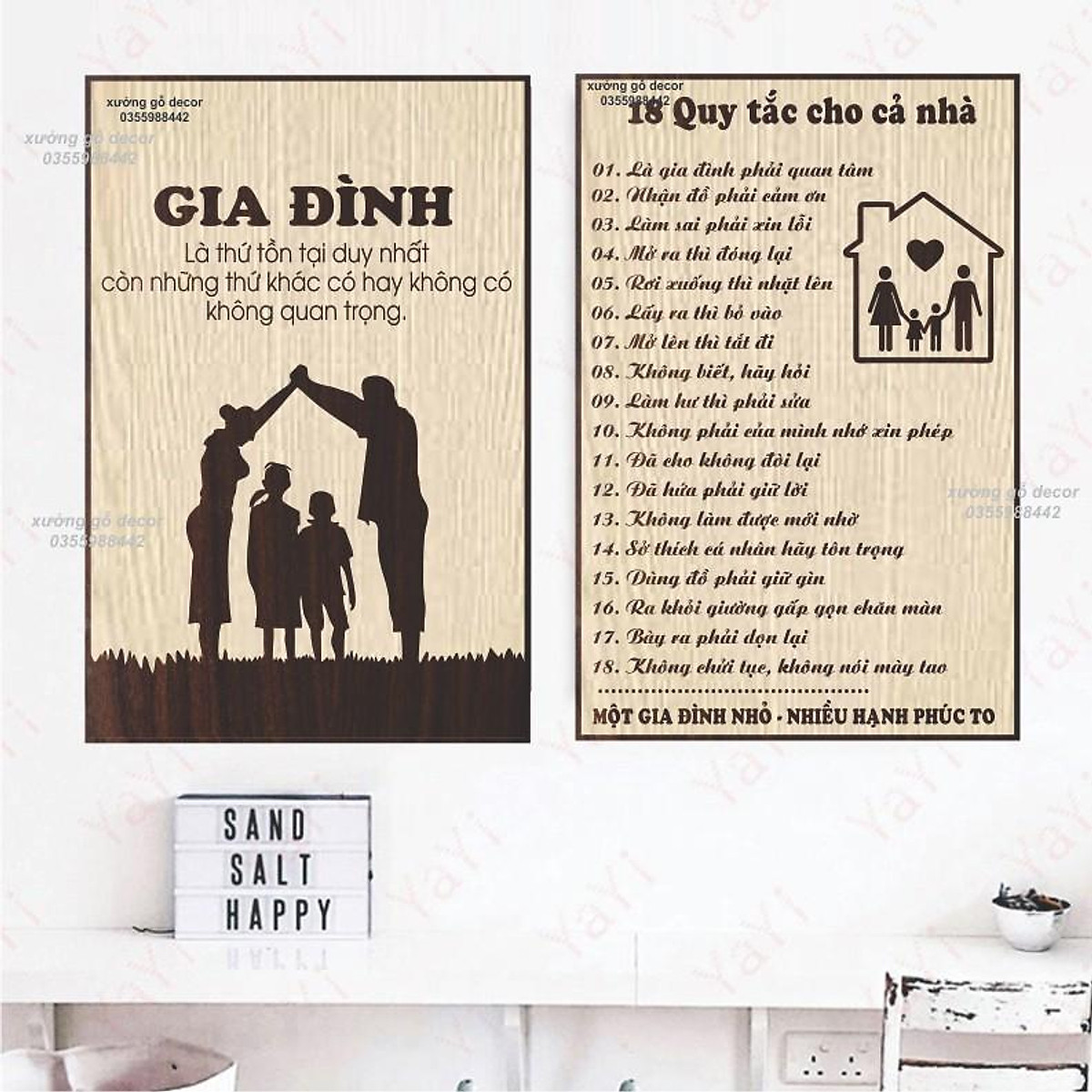 Bảng gỗ quy tắc gia đình, tranh treo tường gia đình, những quy tắc để con có cuộc sống hạnh phúc