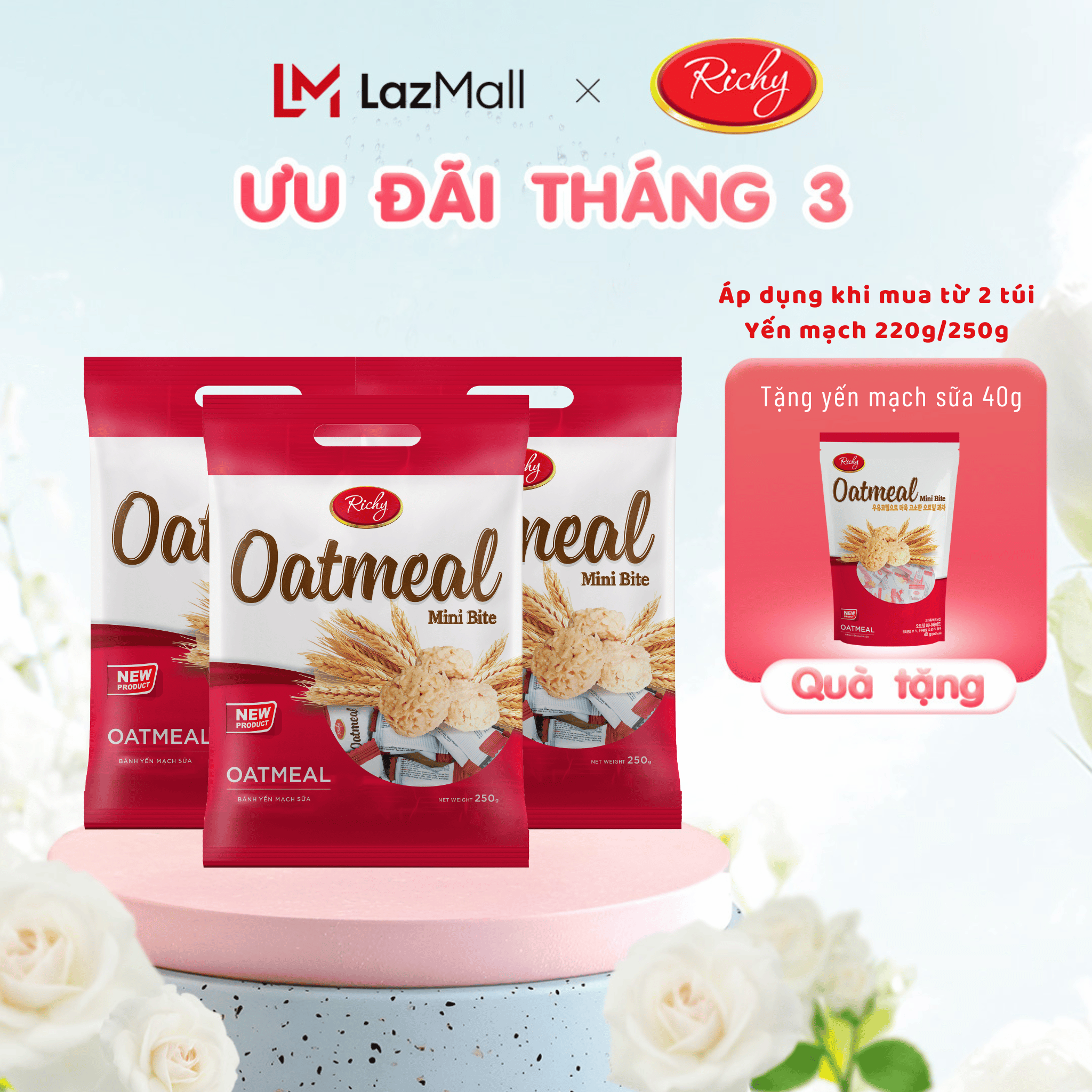 [MUA 2 TÚI TẶNG 1] Combo 3 túi bánh yến mạch Oatmeal RIchy, Túi 220g - 250g, 80-100 viên minibite
