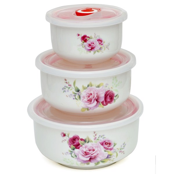 Bộ thố bằng sứ 3 cái MK154 có nắp đậy - Hoạt tiết ngẫu nhiên